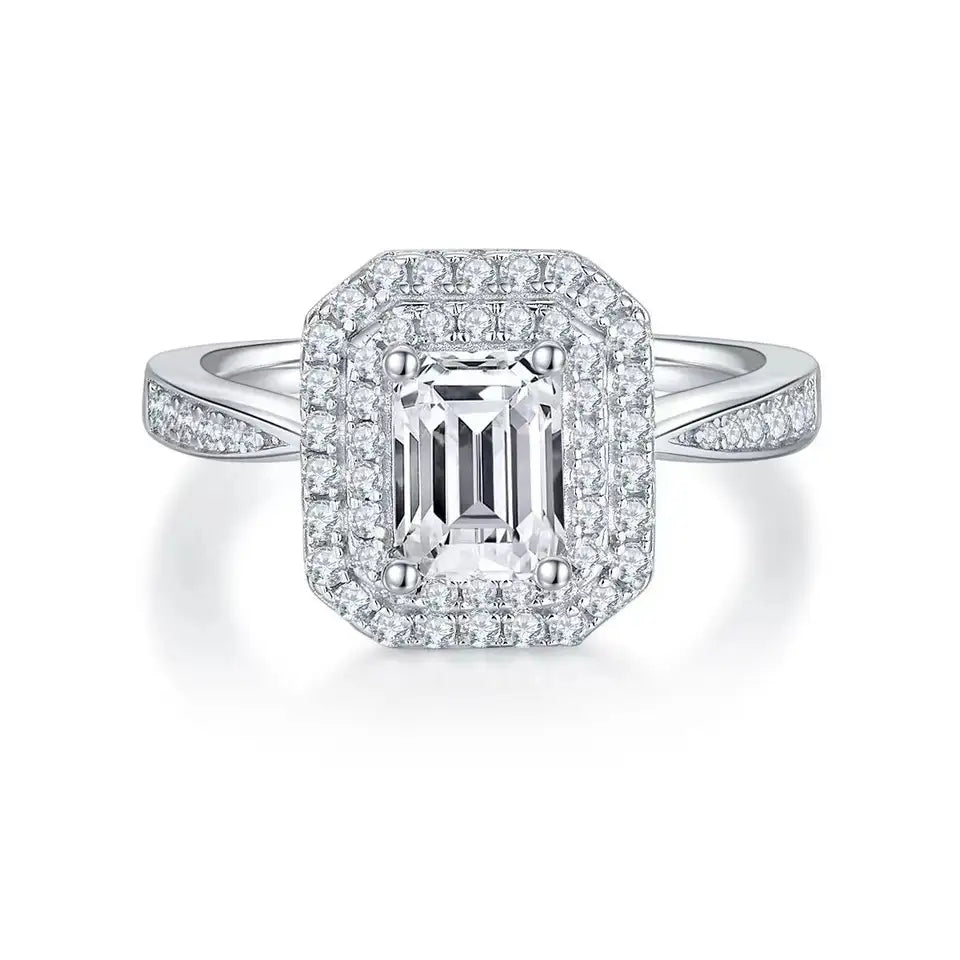Double Halo 1.00ct Emerald Cut Moissanite Engagement Ring