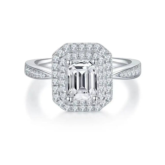 Double Halo 1.00ct Emerald Cut Moissanite Engagement Ring