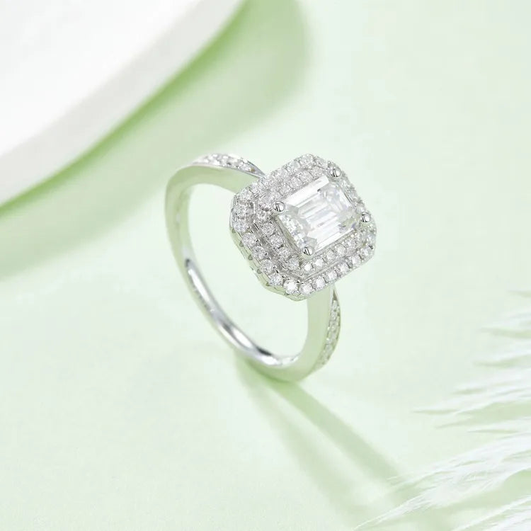 Double Halo 1.00ct Emerald Cut Moissanite Engagement Ring