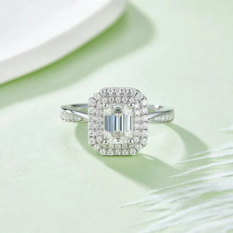 Double Halo 1.00ct Emerald Cut Moissanite Engagement Ring
