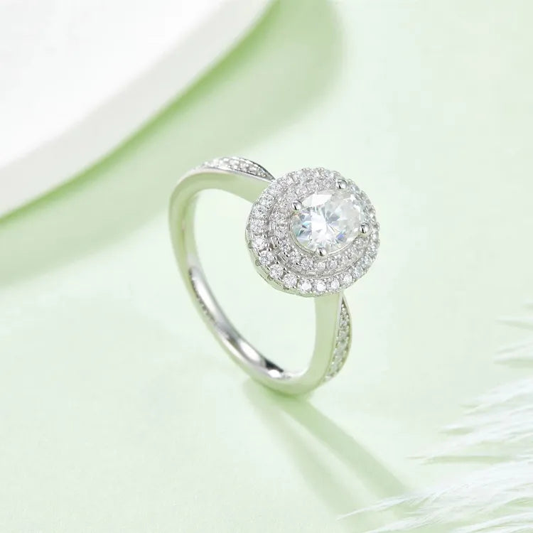 Double Halo 1.00ct Oval Cut Moissanite Engagement Ring