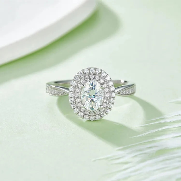 Double Halo 1.00ct Oval Cut Moissanite Engagement Ring