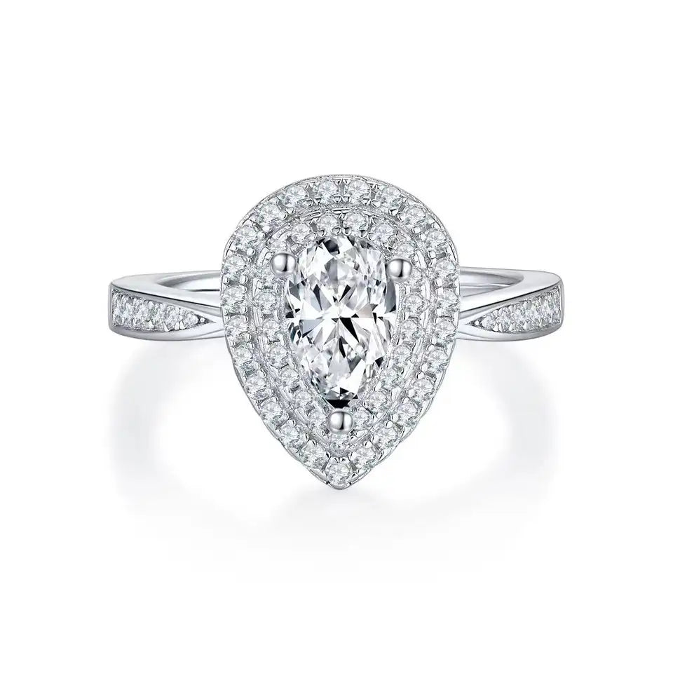 Double Halo 1.00ct Pear Shape Moissanite Engagement Ring