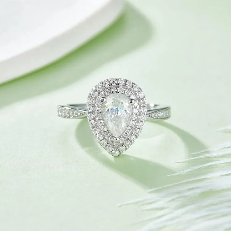 Double Halo 1.00ct Pear Shape Moissanite Engagement Ring