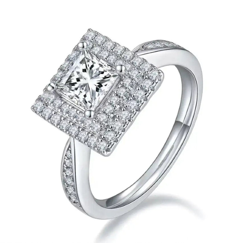 Double Halo 1.00ct Princess Cut Moissanite Engagement Ring