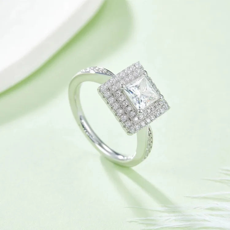 Double Halo 1.00ct Princess Cut Moissanite Engagement Ring