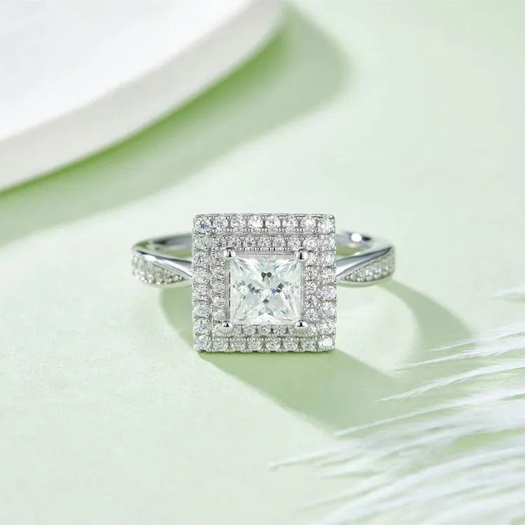 Double Halo 1.00ct Princess Cut Moissanite Engagement Ring