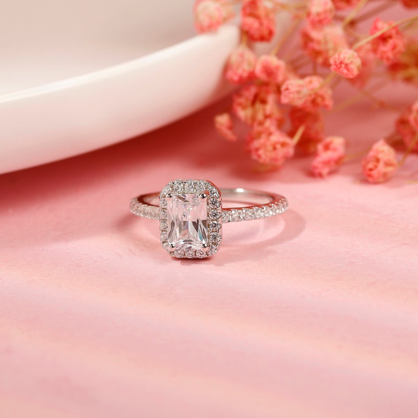 Emerald Cut Halo 1.00ct Moissanite Engagement Ring Set in Sterling Silver