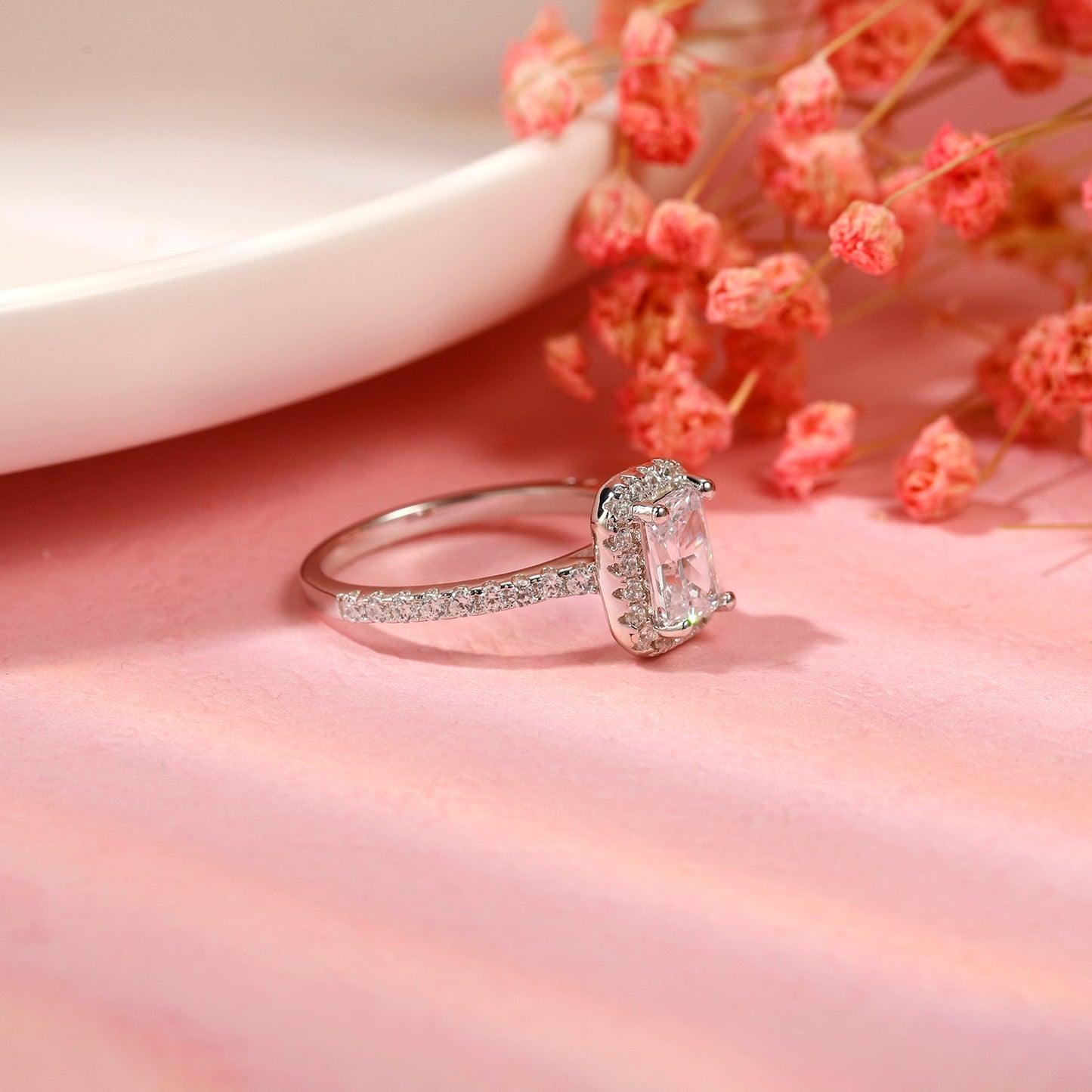 Emerald Cut Halo 1.00ct Moissanite Engagement Ring Set in Sterling Silver