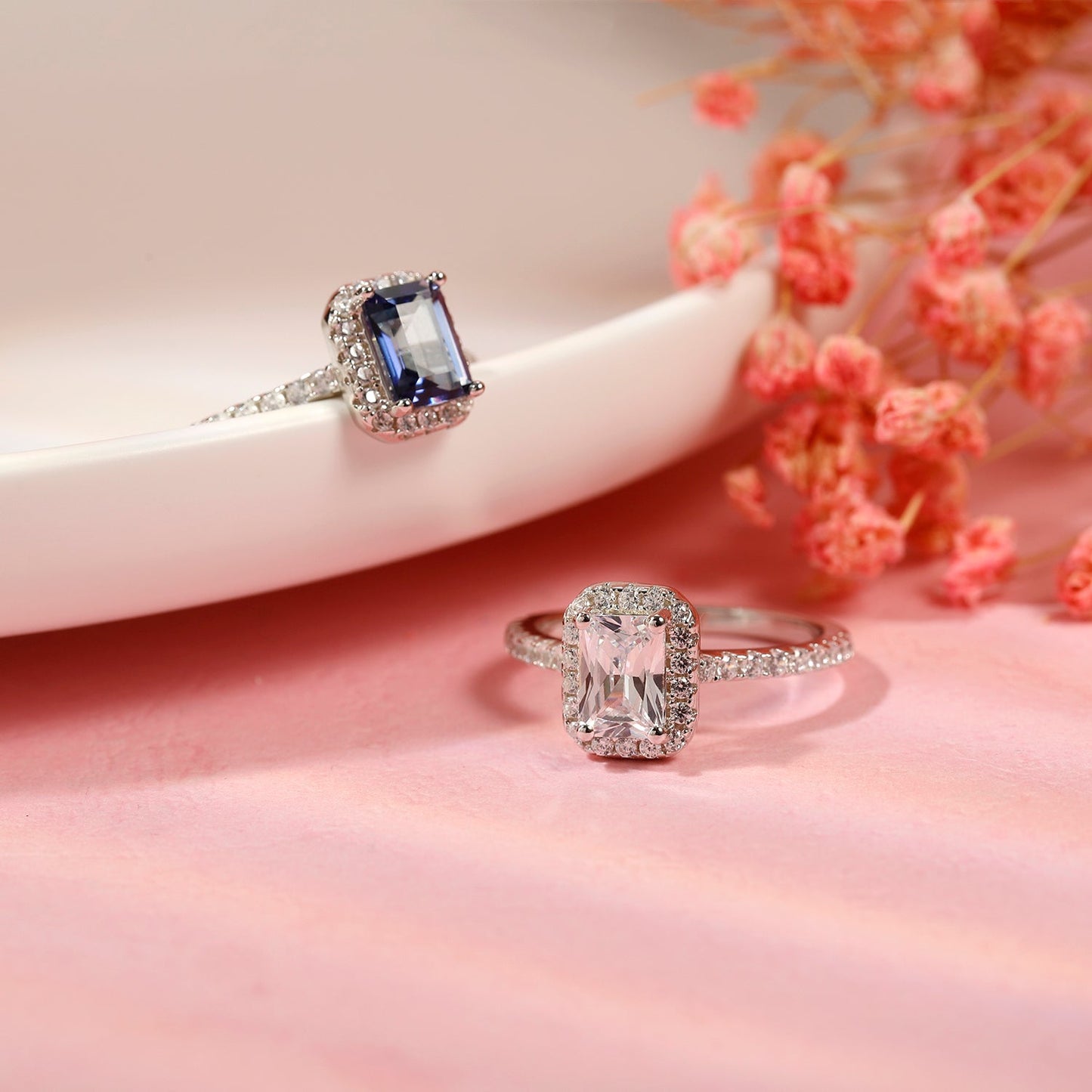 Emerald Cut Halo 1.00ct Moissanite Engagement Ring Set in Sterling Silver
