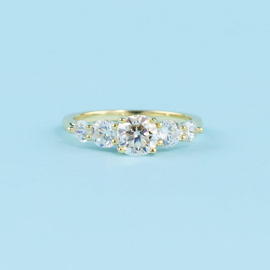Five-Stone Cushion Cut Moissanite Engagement Ring Set in 9ct Yellow Gold