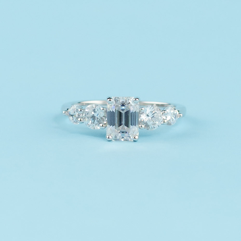 Five-Stone Emerald Cut Moissanite Engagement Ring Set in 9ct White Gold