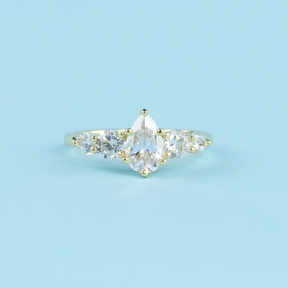 Five-Stone Pear Shape Moissanite Engagement Ring Set in 9ct Yellow Gold
