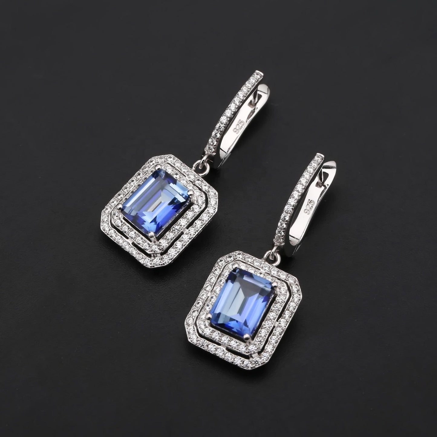 Mystic Quartz 2.05ct Emerald-Cut Halo Drop Earrings