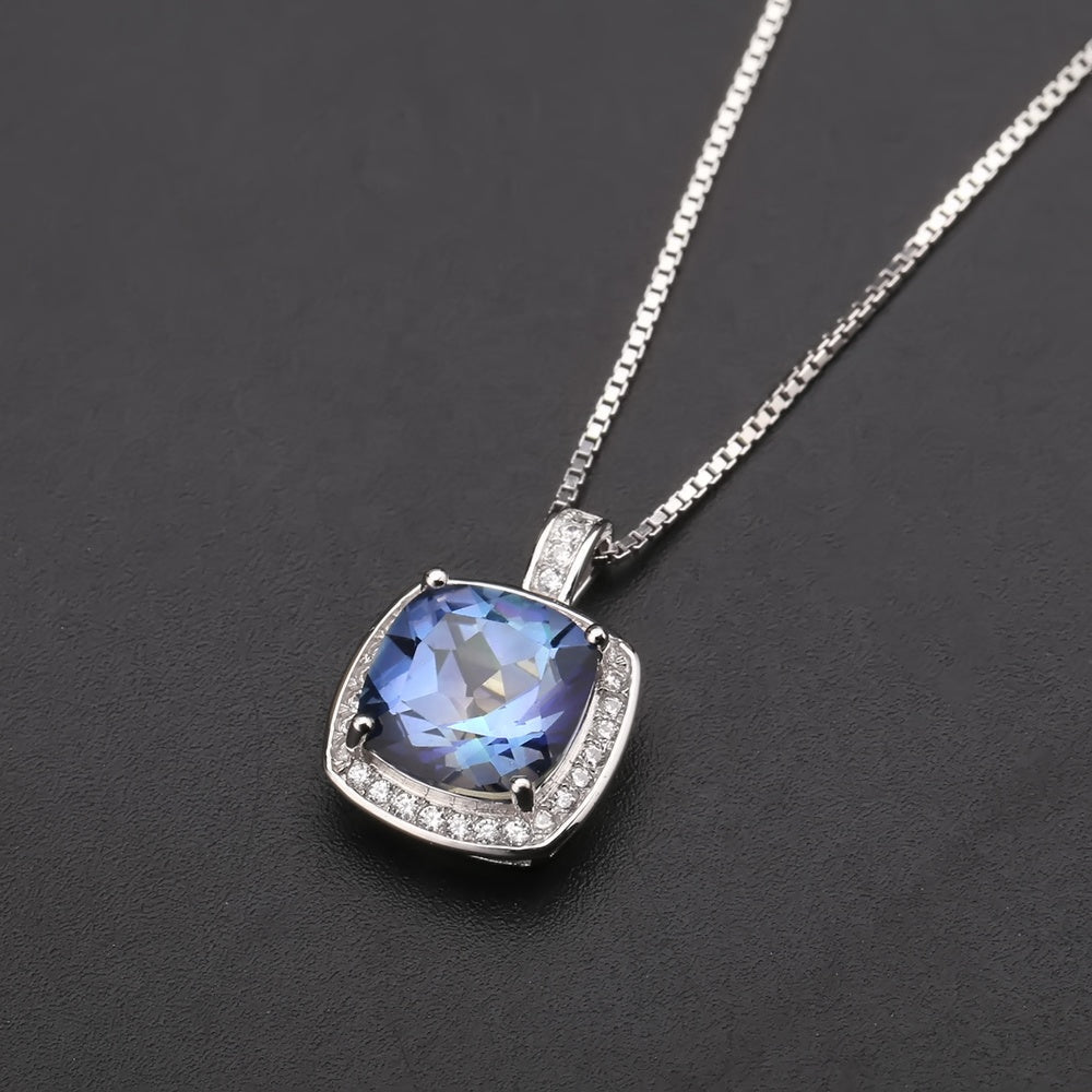 Mystic Quartz 3.67ct Cushion Cut Halo Pendant Necklace