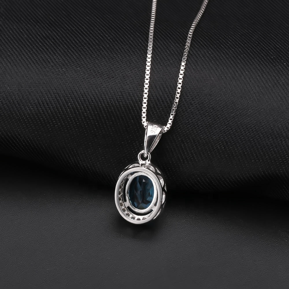Blue Topaz Oval Cut Halo Pendant Necklace