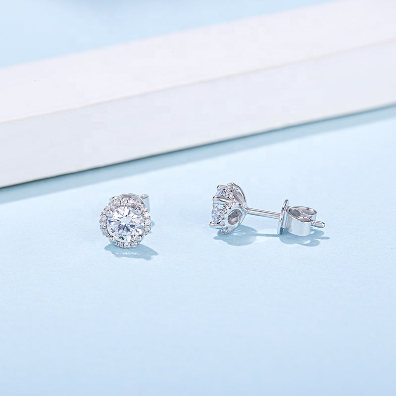 Halo Moissanite Stud Earrings Set in Sterling Silver