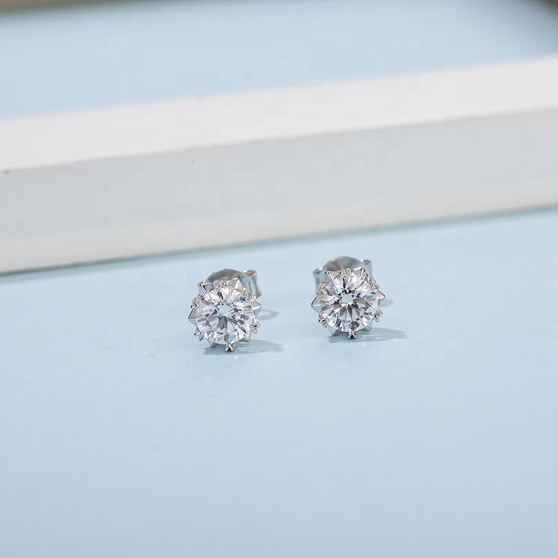 Snowflake 6 Claw Moissanite Stud Earrings Set in Sterling Silver