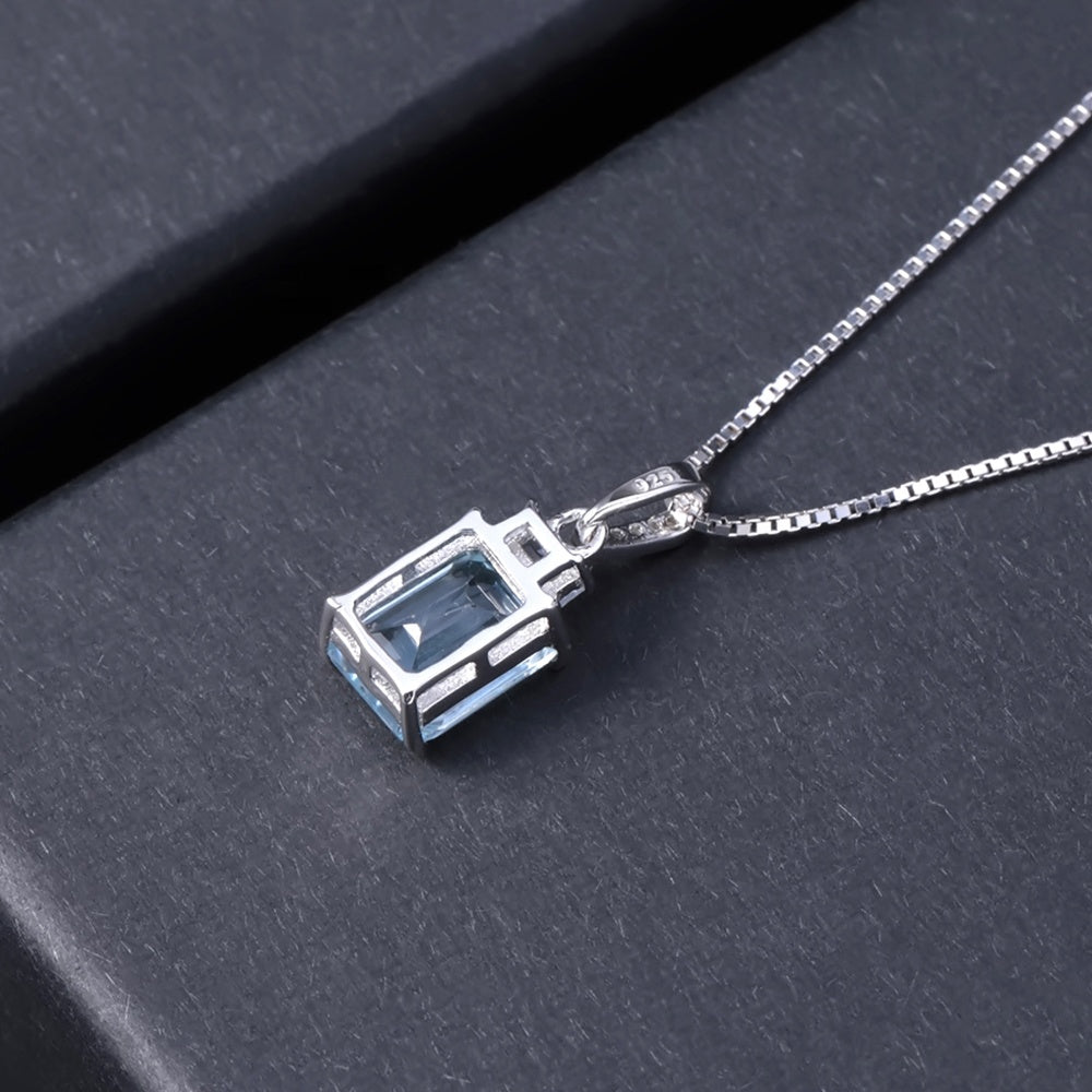 Blue Topaz 2.94ct Emerald-Cut Halo Pendant Necklace