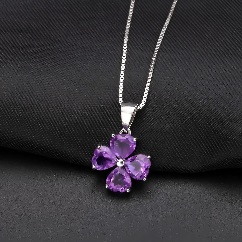 Amethyst 0.78ct Heart Cut Clover Pendant Necklace