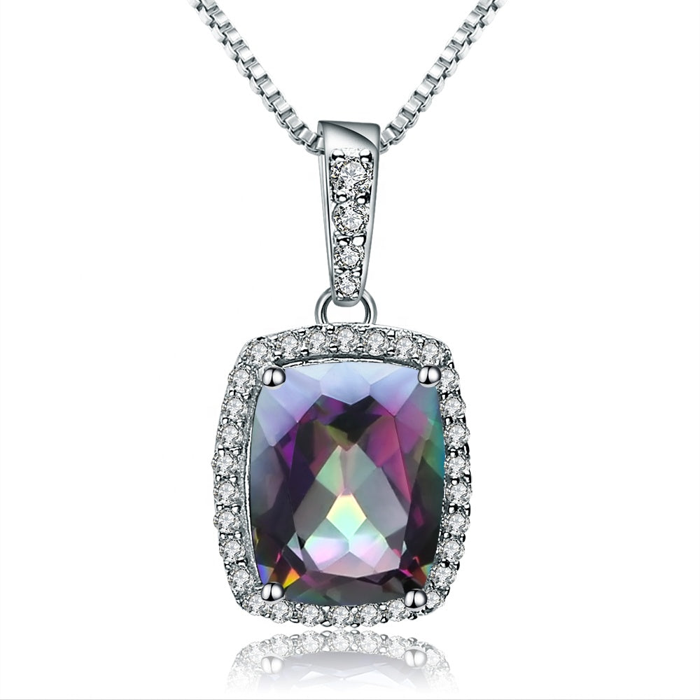 Rainbow Mystic Quartz 3.67ct Cushion-Cut Halo Pendant Necklace