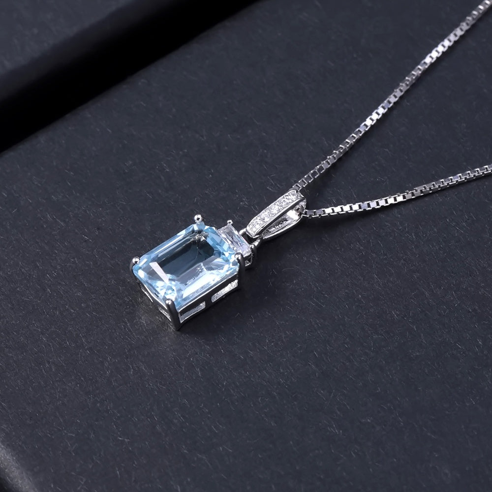 Blue Topaz 2.94ct Emerald-Cut Halo Pendant Necklace