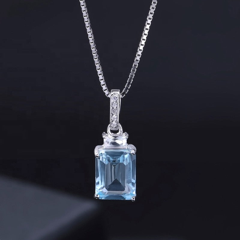 Blue Topaz 2.94ct Emerald-Cut Halo Pendant Necklace