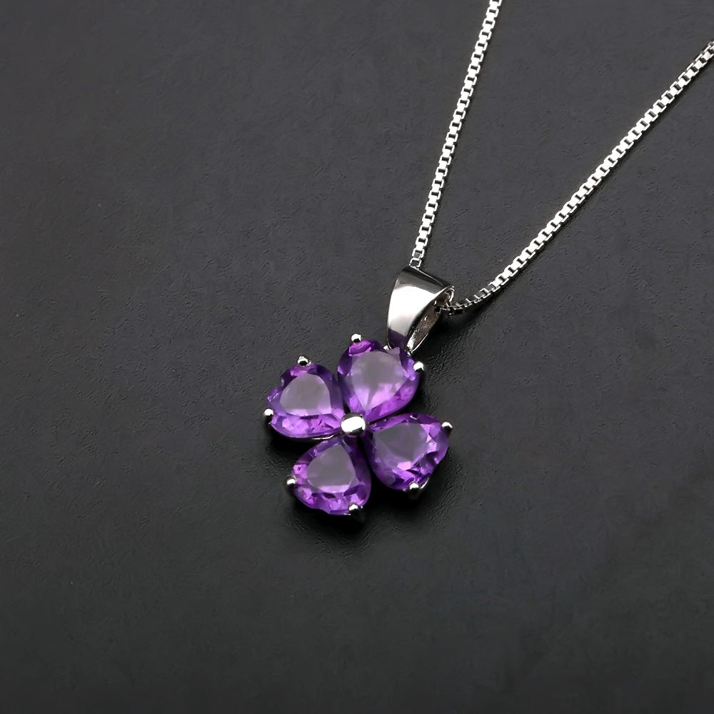 Amethyst 0.78ct Heart Cut Clover Pendant Necklace