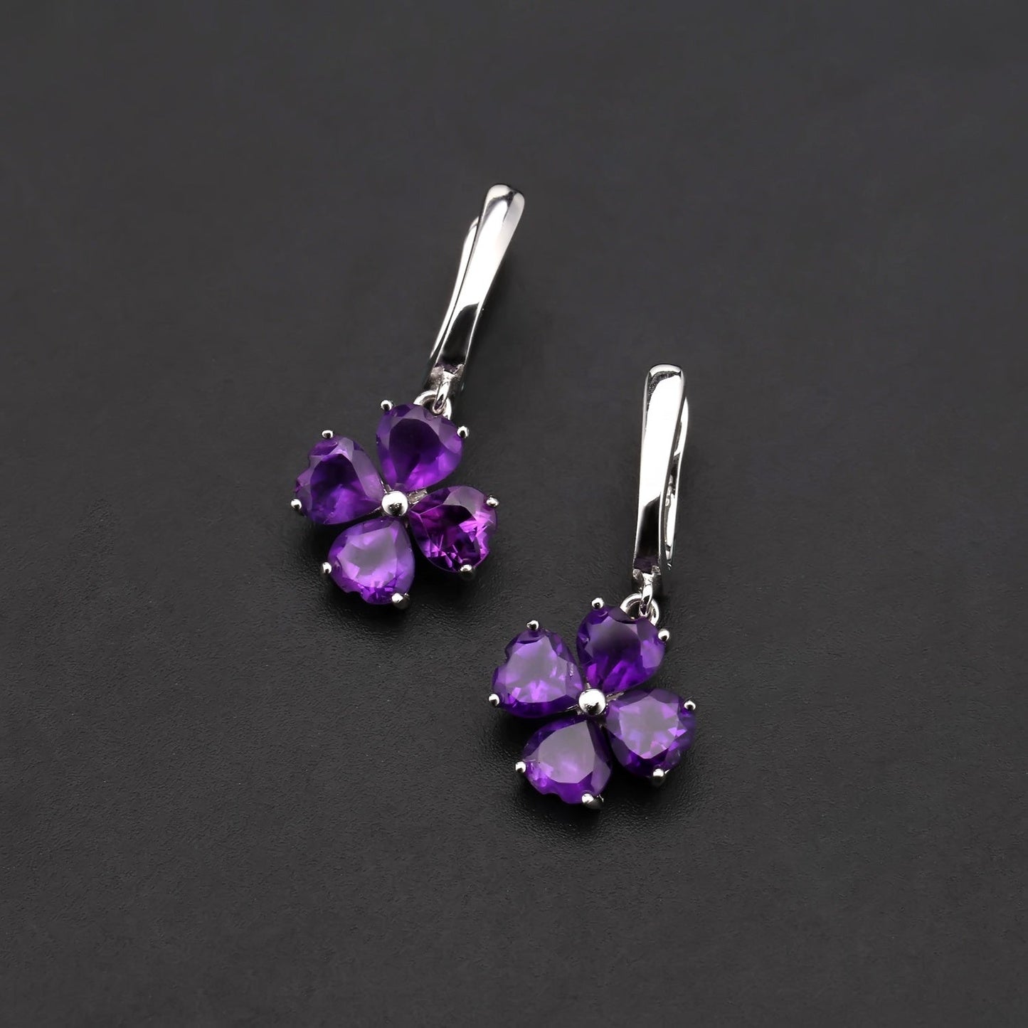 Amethyst 0.78ct Heart-Cut Clover Drop Earrings