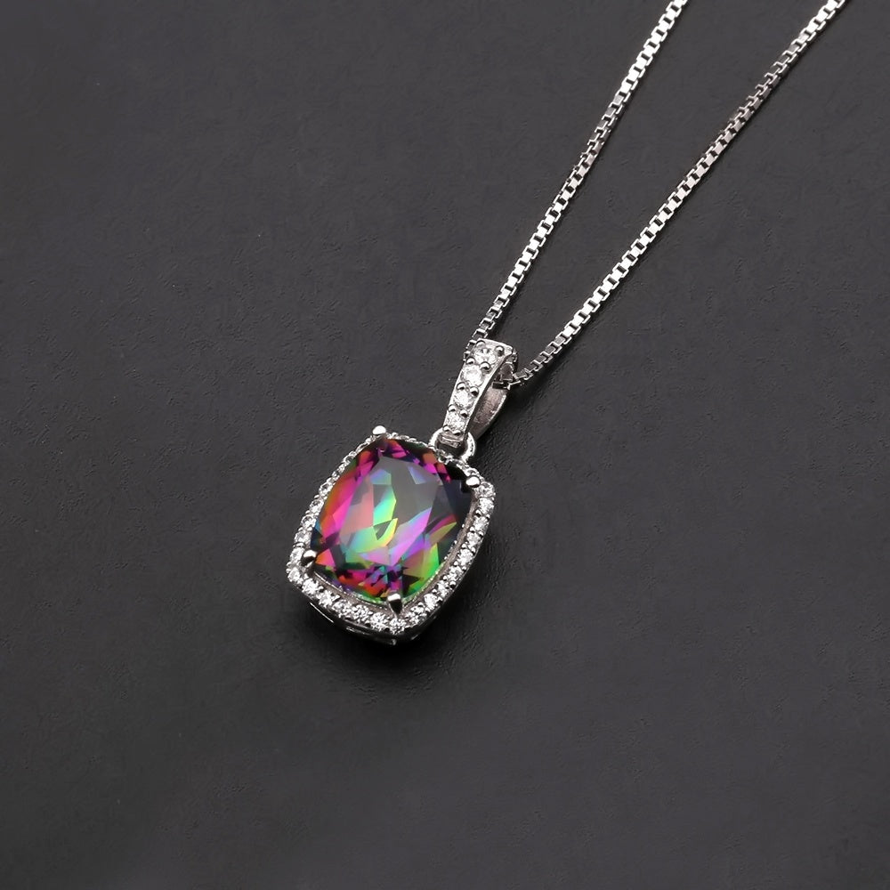 Rainbow Mystic Quartz 3.67ct Cushion-Cut Halo Pendant Necklace