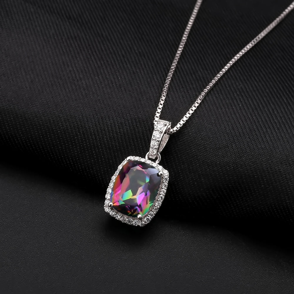 Rainbow Mystic Quartz 3.67ct Cushion-Cut Halo Pendant Necklace