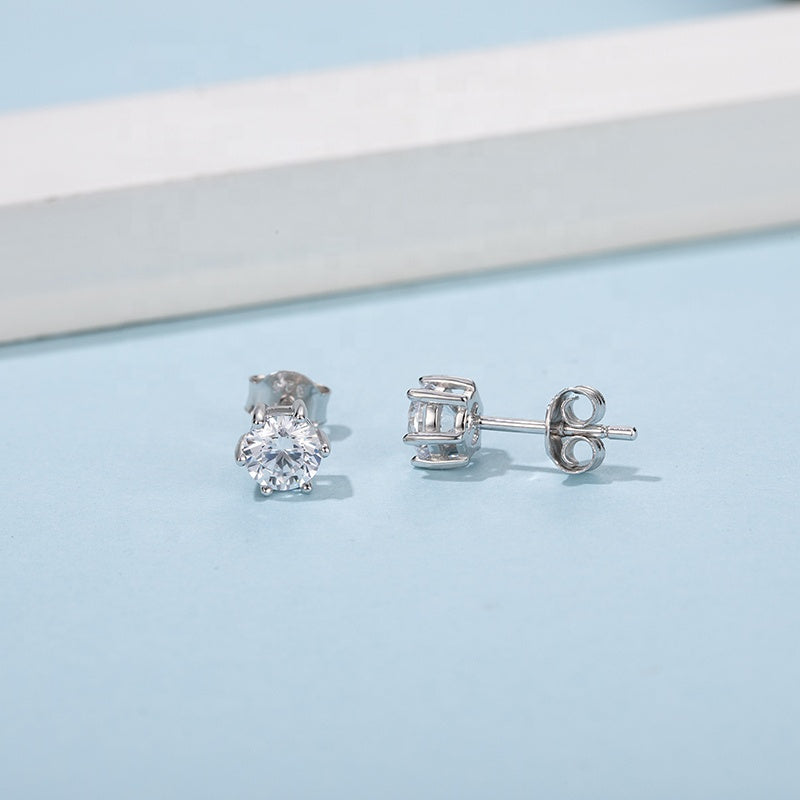 Heritage Solitaire 6 Claw Moissanite Stud Earrings Set in Sterling Silver