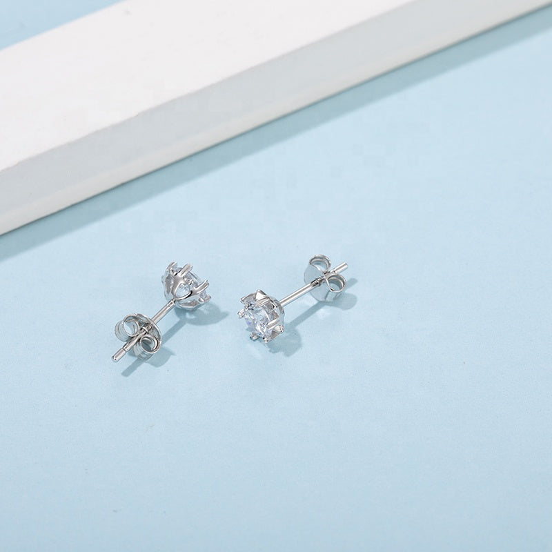 Snowflake 6 Claw Moissanite Stud Earrings Set in Sterling Silver