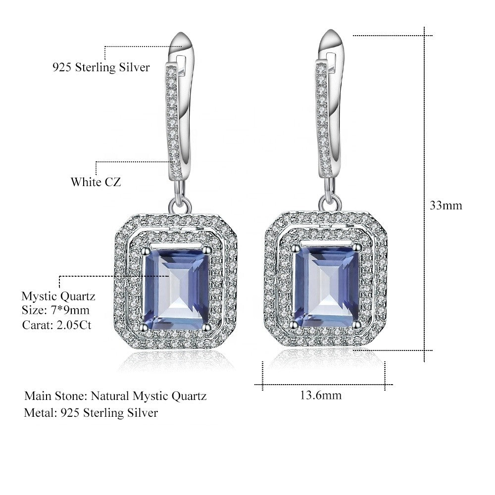 Mystic Quartz 2.05ct Emerald-Cut Halo Drop Earrings