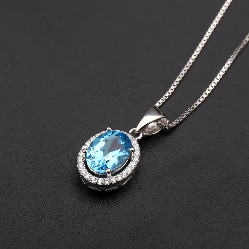 Blue Topaz Oval Cut Halo Pendant Necklace