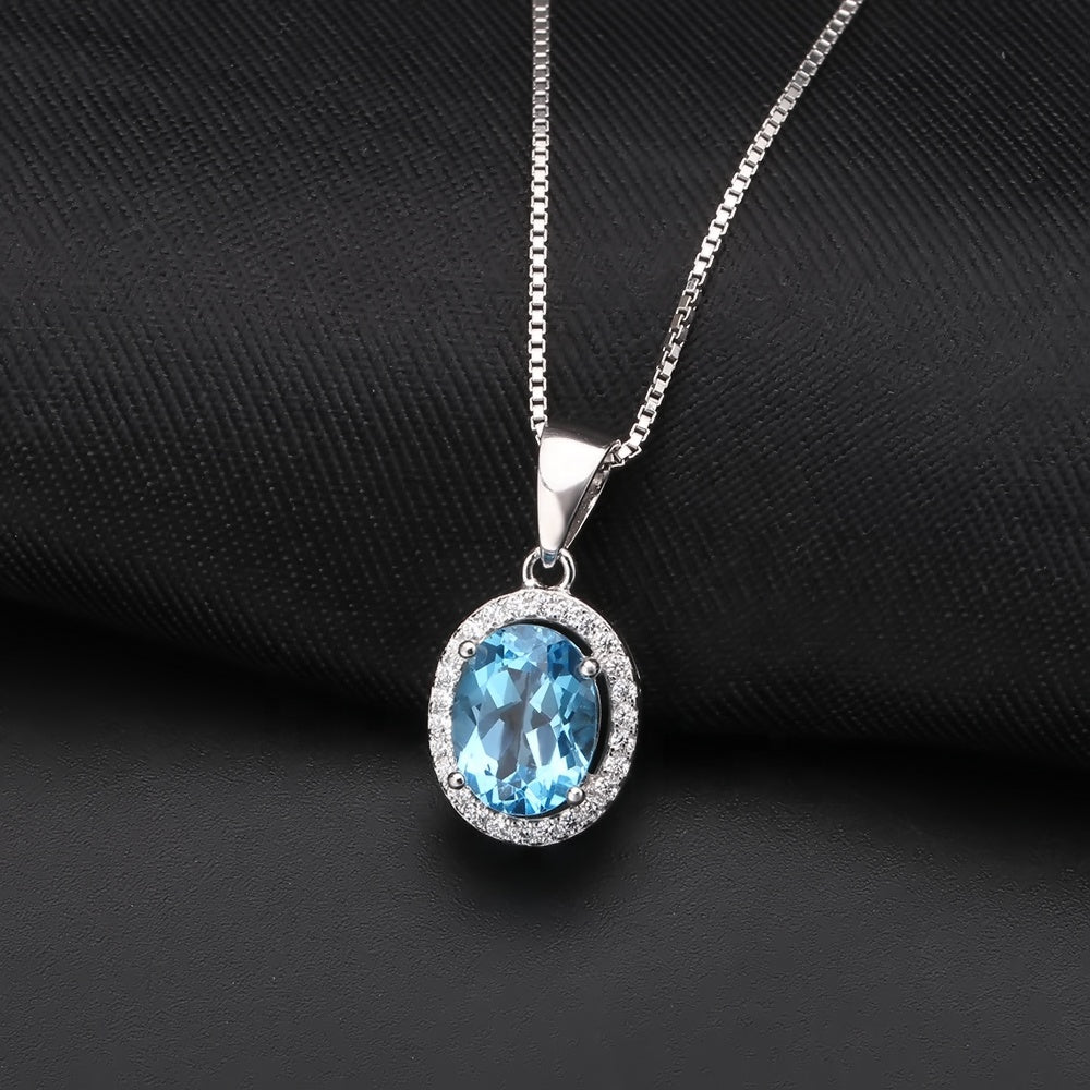 Blue Topaz Oval Cut Halo Pendant Necklace