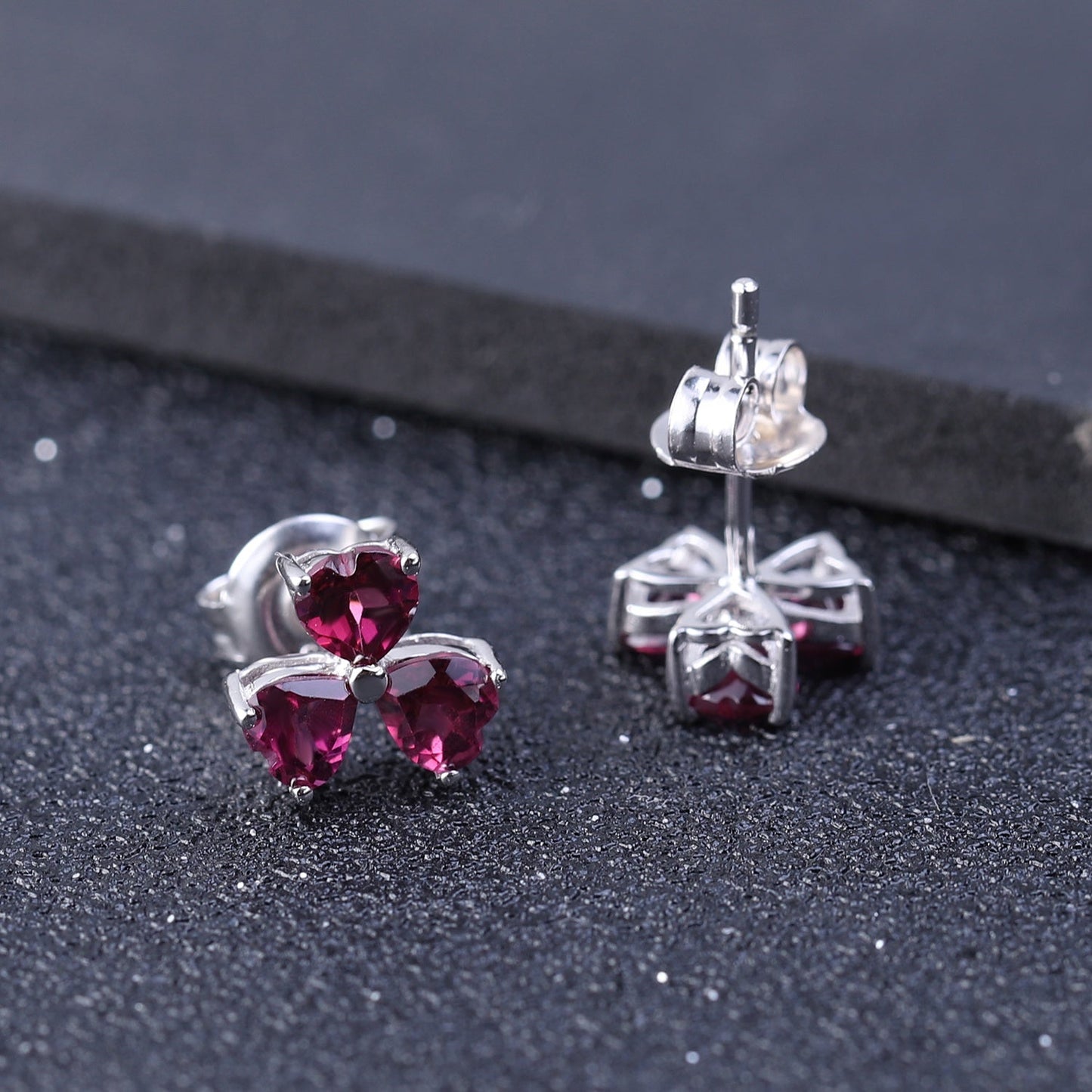 Rhodolite Garnet 0.32ct Heart Trilogy Stud Earrings