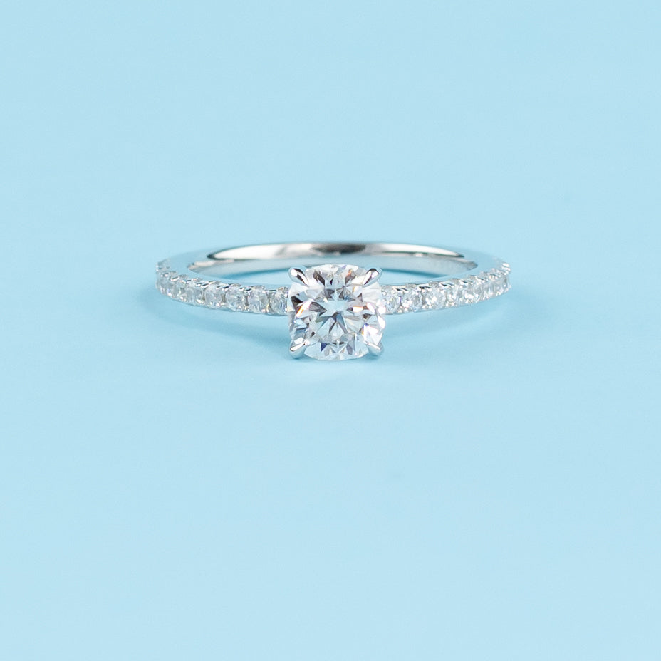 Cushion Cut Moissanite Engagement Ring Set in 9ct White Gold