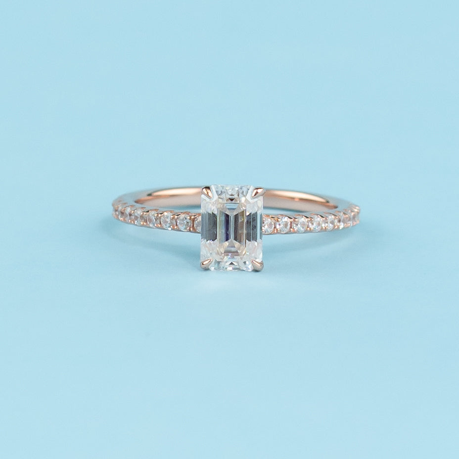 Emerald Cut Moissanite Engagement Ring Set in 9ct Rose Gold