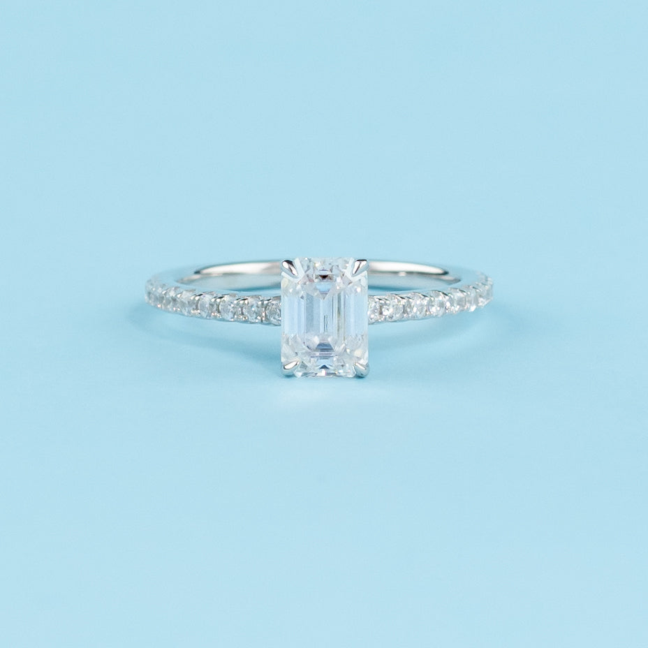 Emerald Cut Moissanite Engagement Ring Set in 9ct White Gold