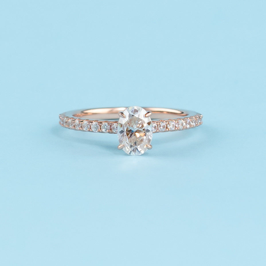 Oval Cut Moissanite Engagement Ring Set in 9ct Rose Gold
