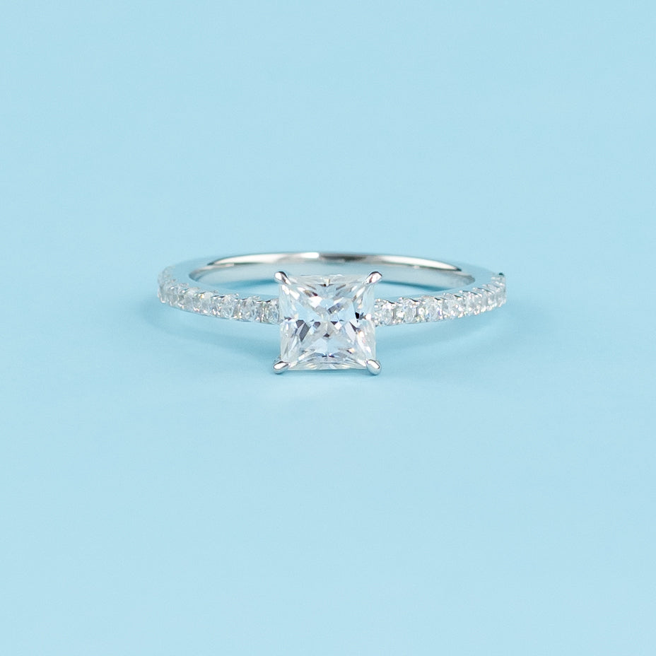 Princess Cut Moissanite Engagement Ring Set in 9ct White Gold