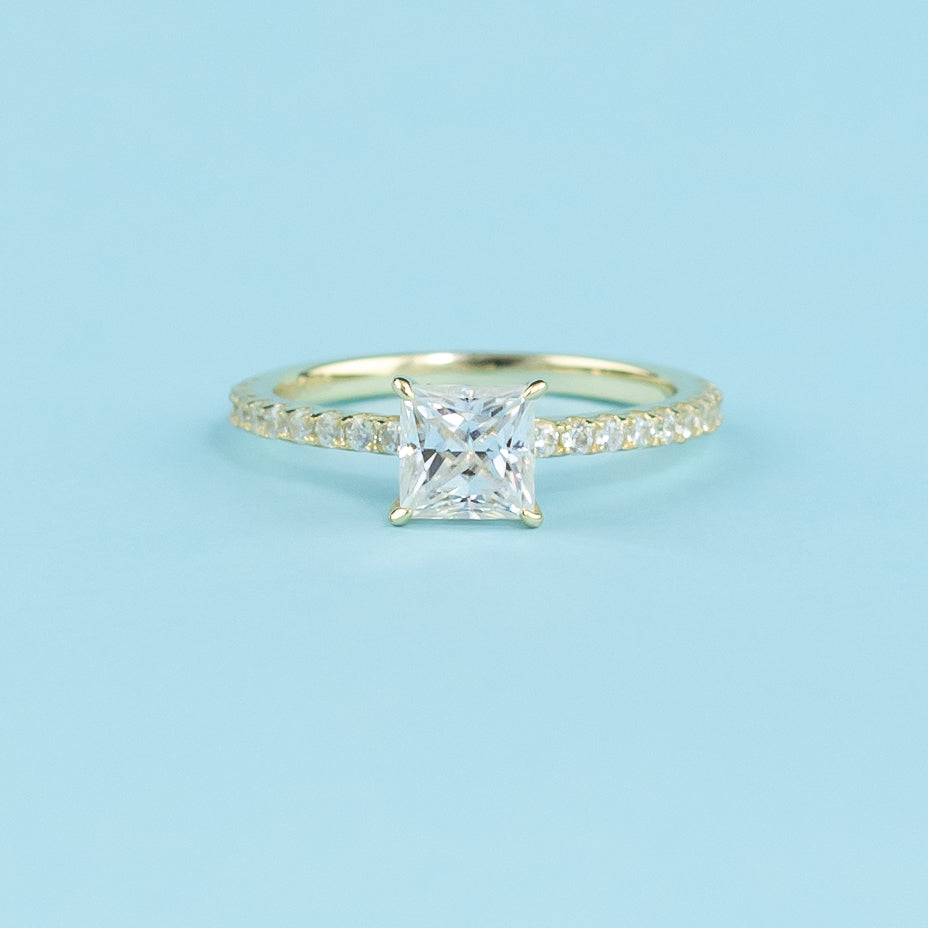Princess Cut Moissanite Engagement Ring Set in 9ct Yellow Gold