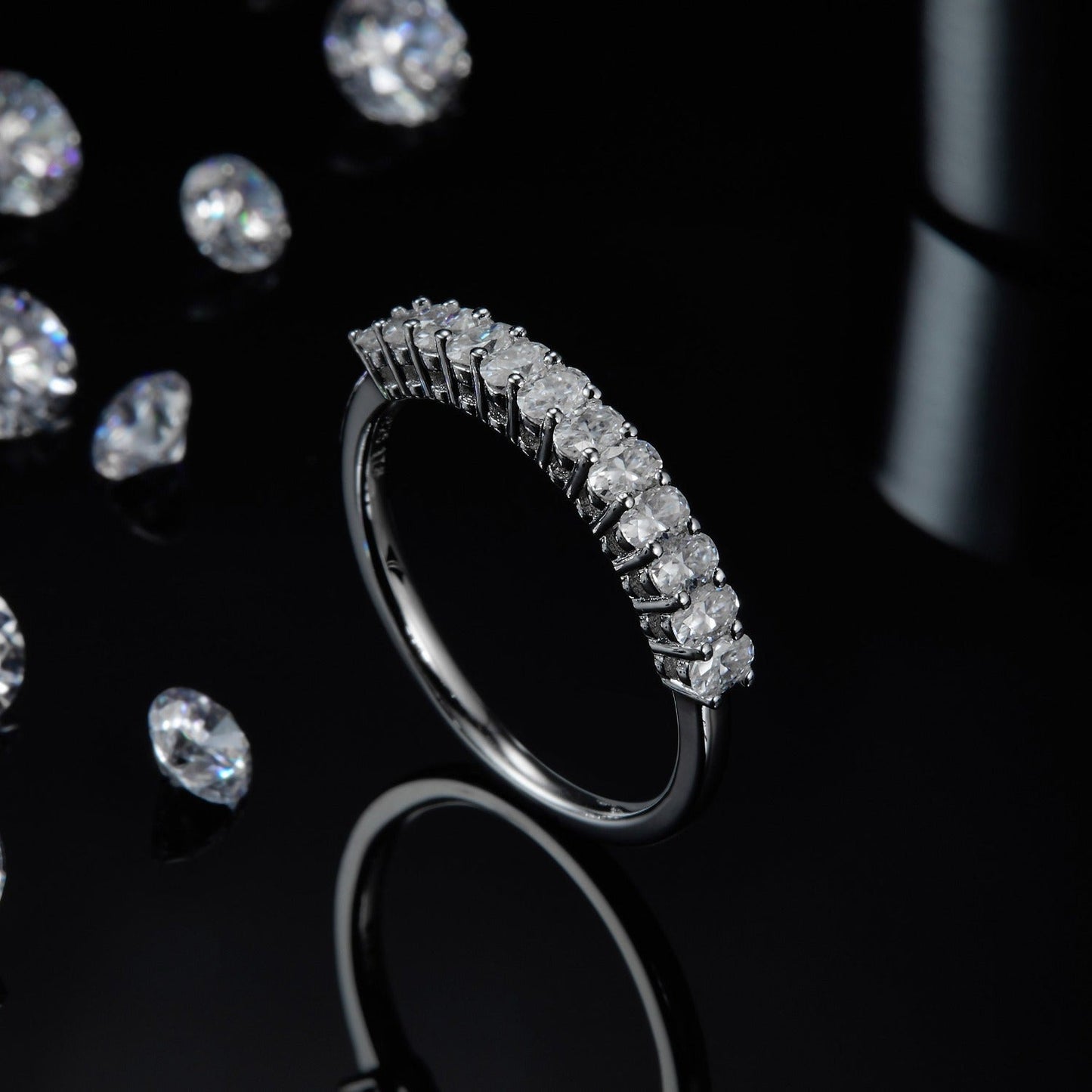 Oval Cut Moissanite Half Eternity Wedding Band Set in Sterling Silver