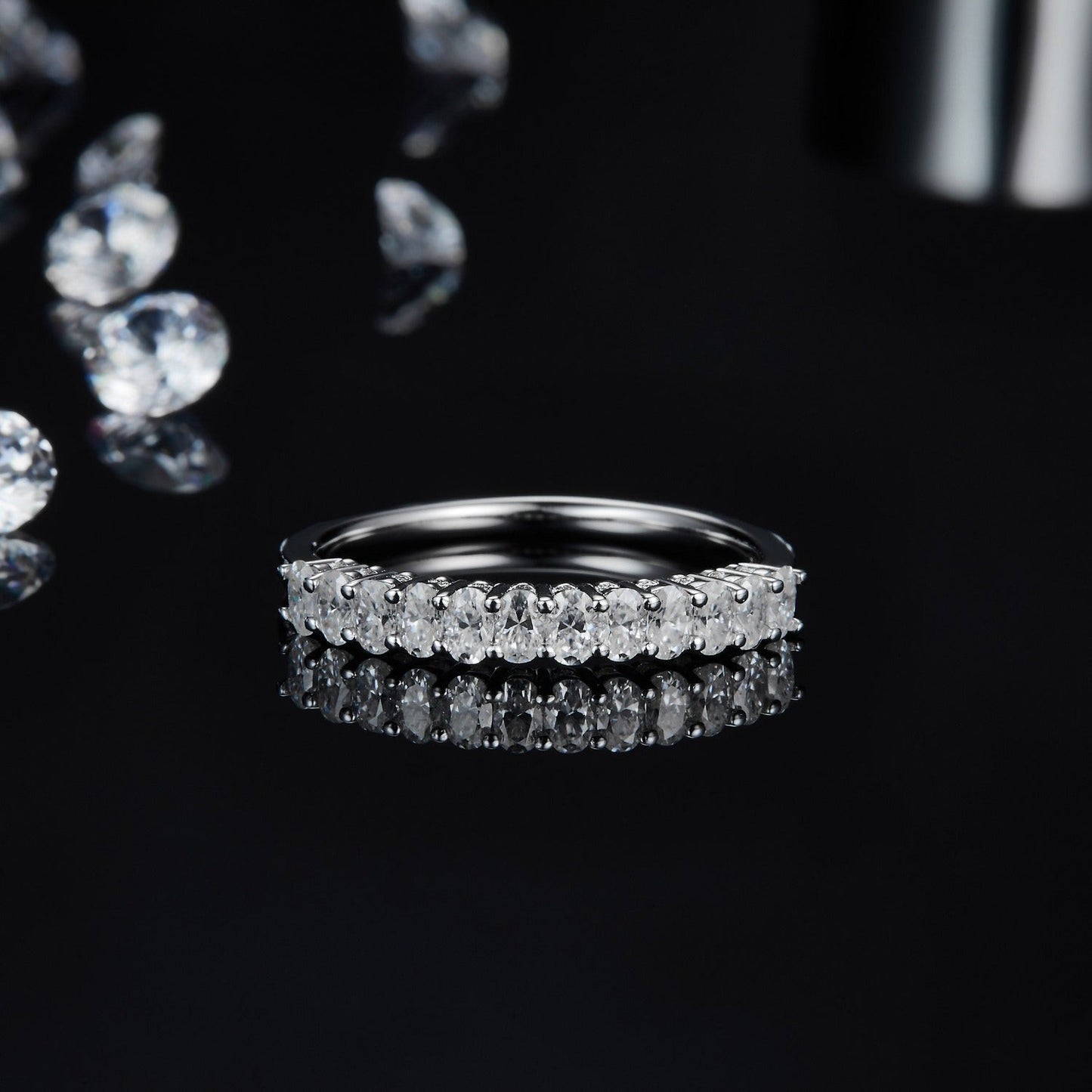 Oval Cut Moissanite Half Eternity Wedding Band Set in Sterling Silver