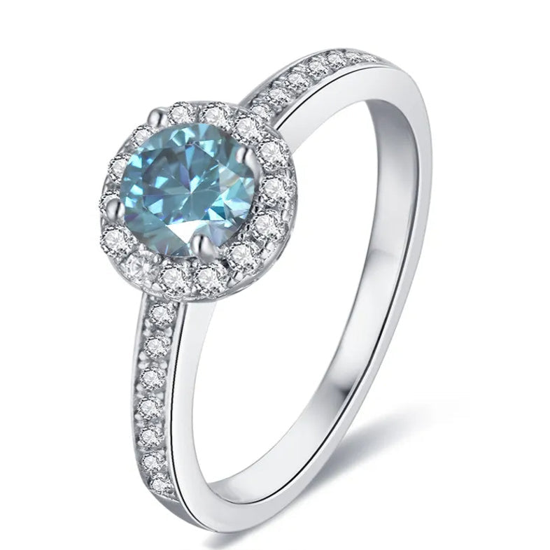 Pave Halo 0.50ct Blue Moissanite Engagement Ring Set in Sterling Silver
