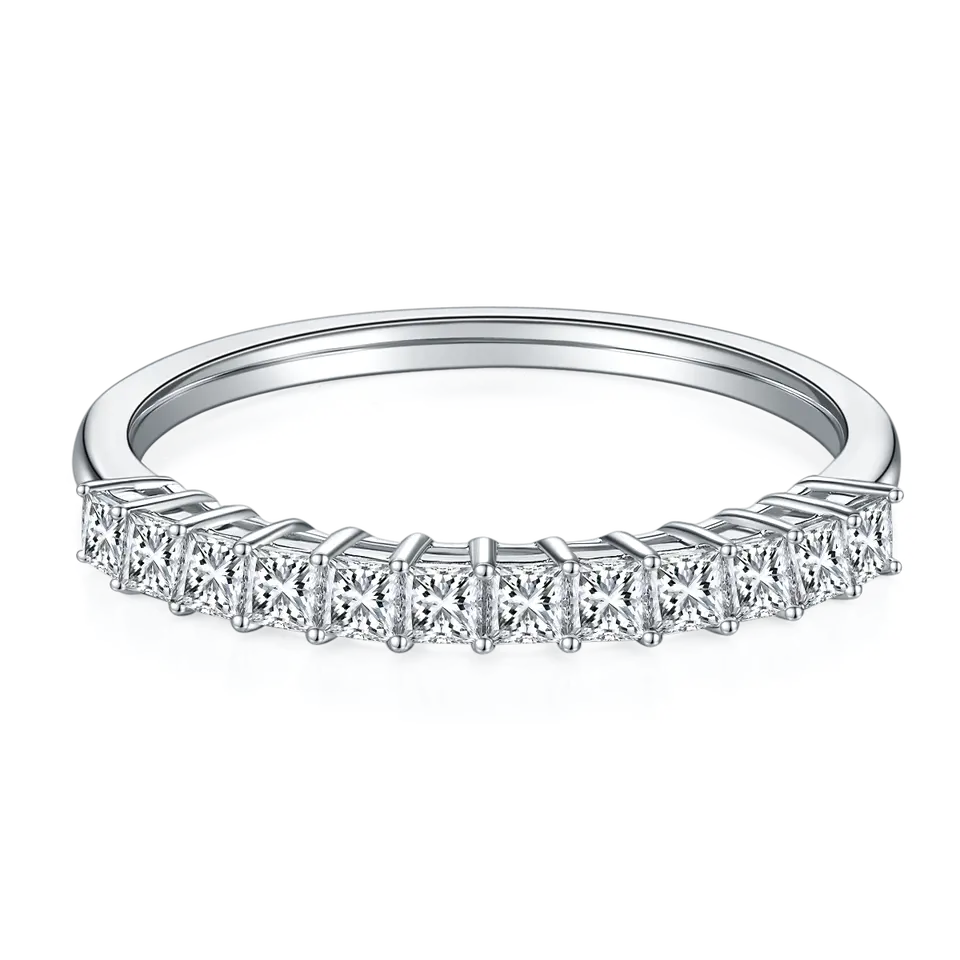 Square Brilliant Moissanite Half Eternity Wedding Band Set in Sterling Silver