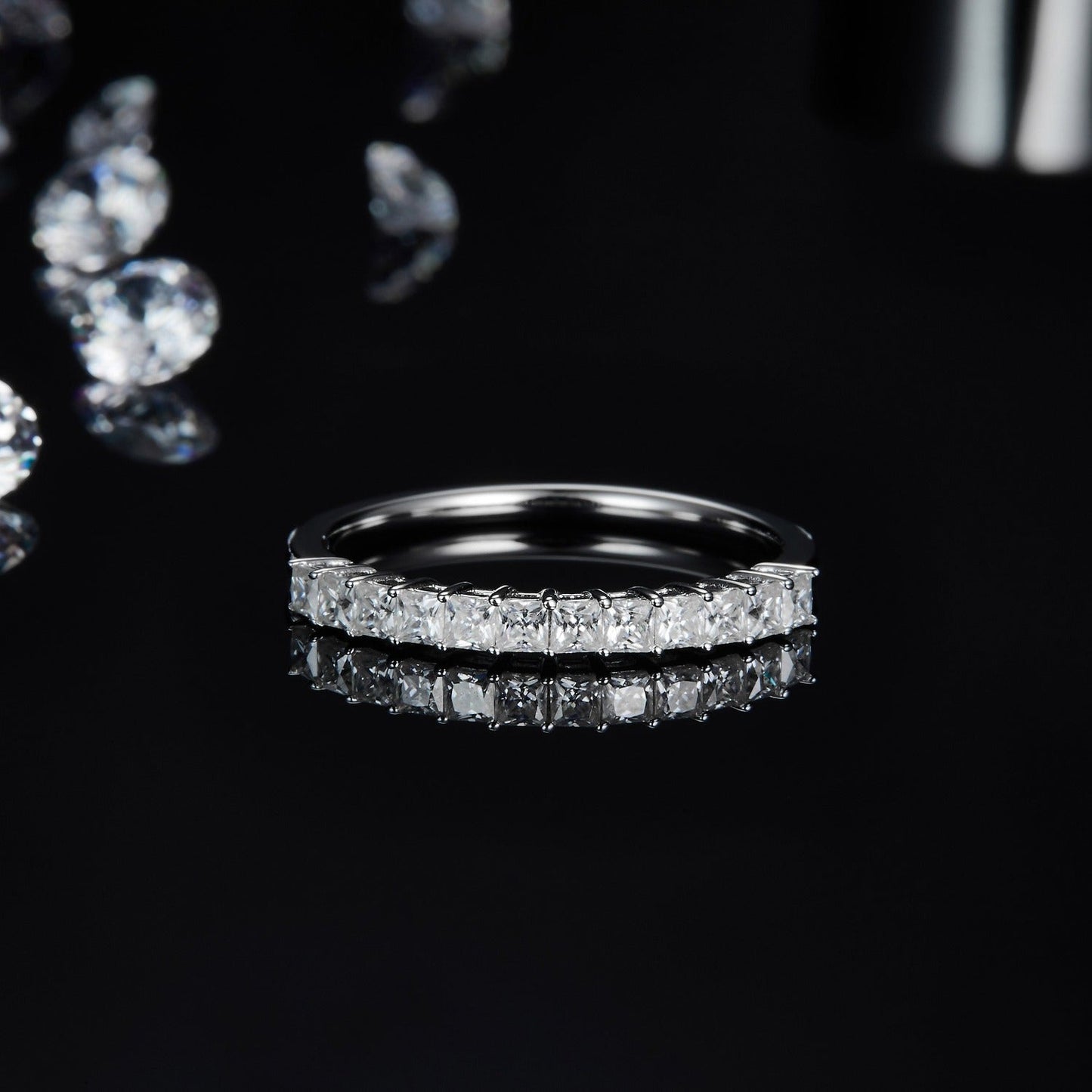 Square Brilliant Moissanite Half Eternity Wedding Band Set in Sterling Silver