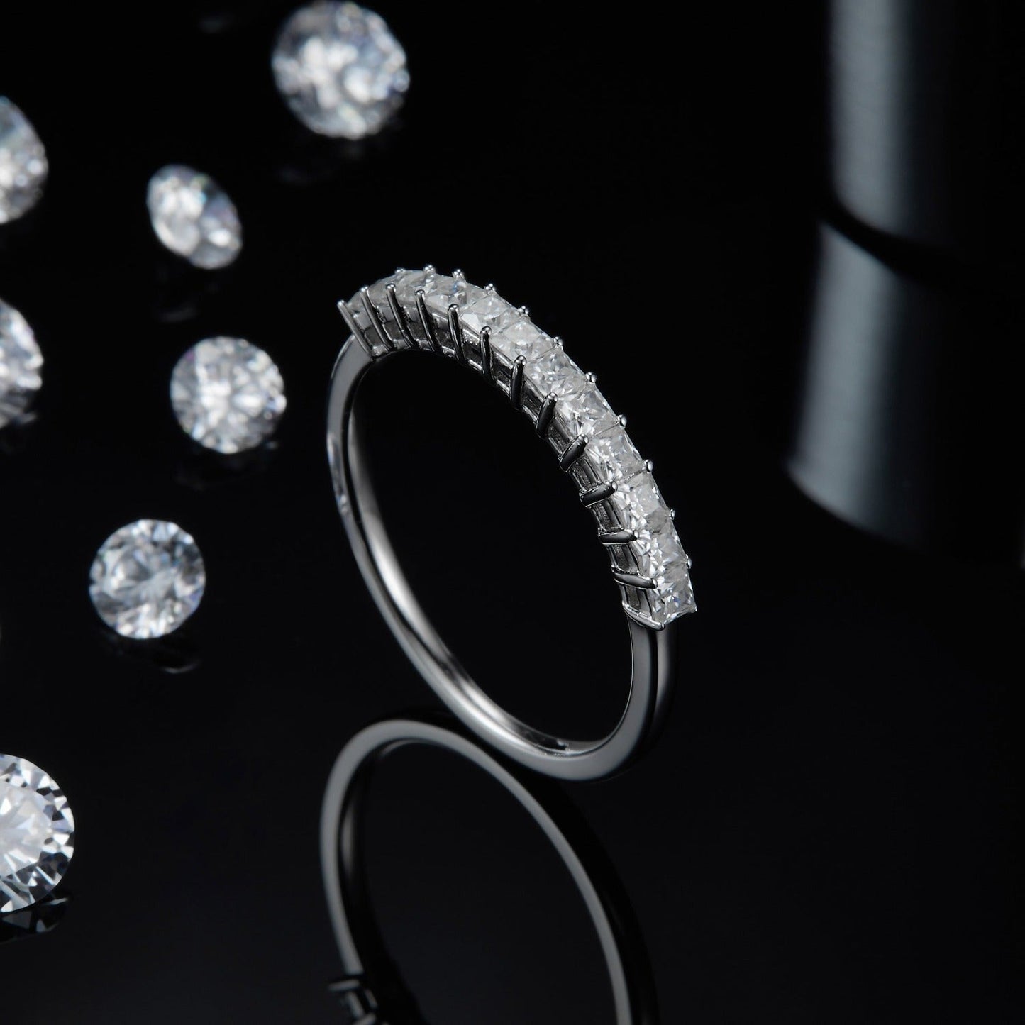 Square Brilliant Moissanite Half Eternity Wedding Band Set in Sterling Silver