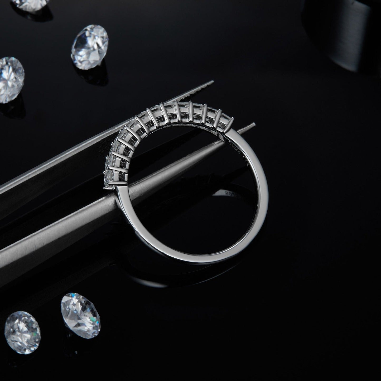 Square Brilliant Moissanite Half Eternity Wedding Band Set in Sterling Silver